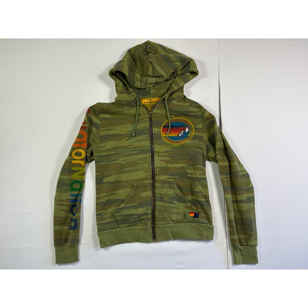 Aviator Nation Mens Camo Full Zip Hoodie Rainbow Logo Haight Ashbury Green M